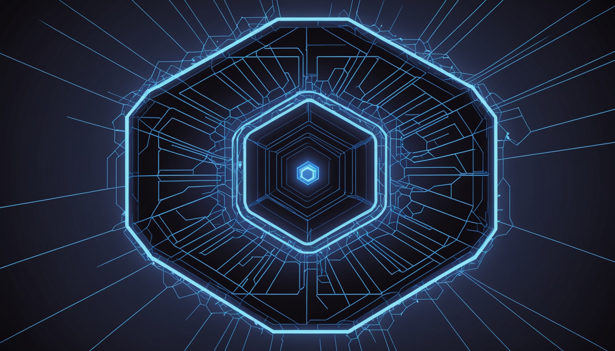 ilustración abstracta de un escudo de nodos hexagonales abriéndose sobre trazos de red eléctrica y tubería