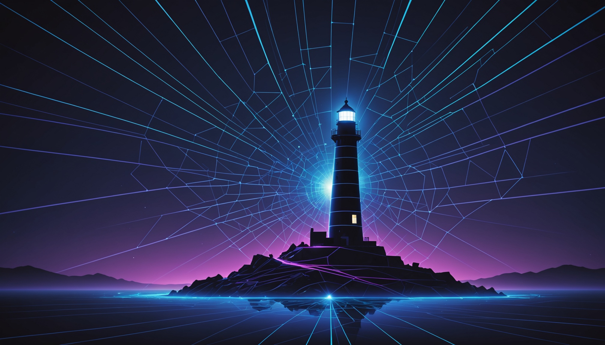 ilustración abstracta de un faro sobre un paisaje geométrico