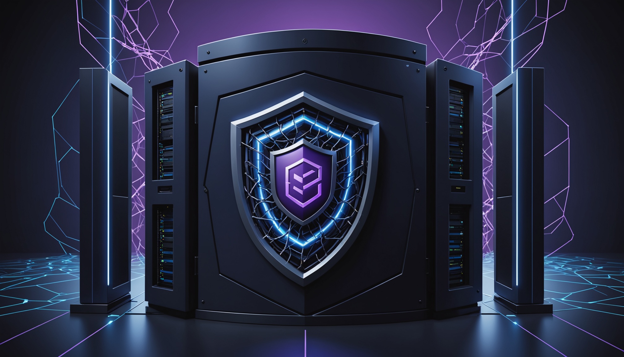 ilustración de una cadena de suministro rota entre un rack de datos y un escudo